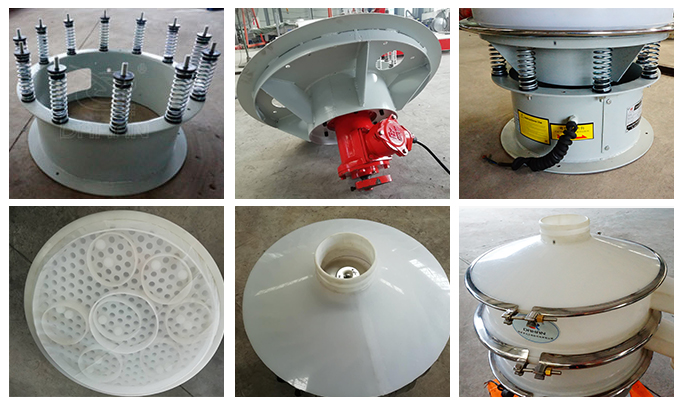 塑料振動篩彈簧底座安裝，振動電機安裝，篩網(wǎng)，防塵蓋等安裝圖片展示